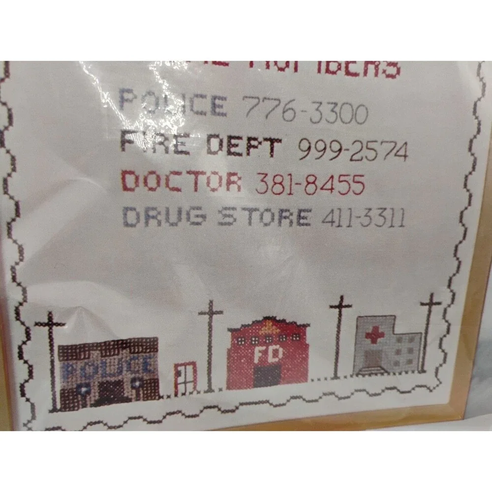 Vintage Columbia Minerva Cross Stitch Picture Kit Emergency Phone Numbers #6729